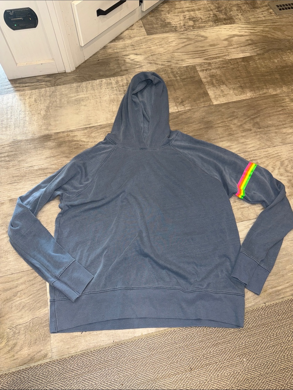 Sundry Slate Blue Hoodie with Rainbow Arm Stripe